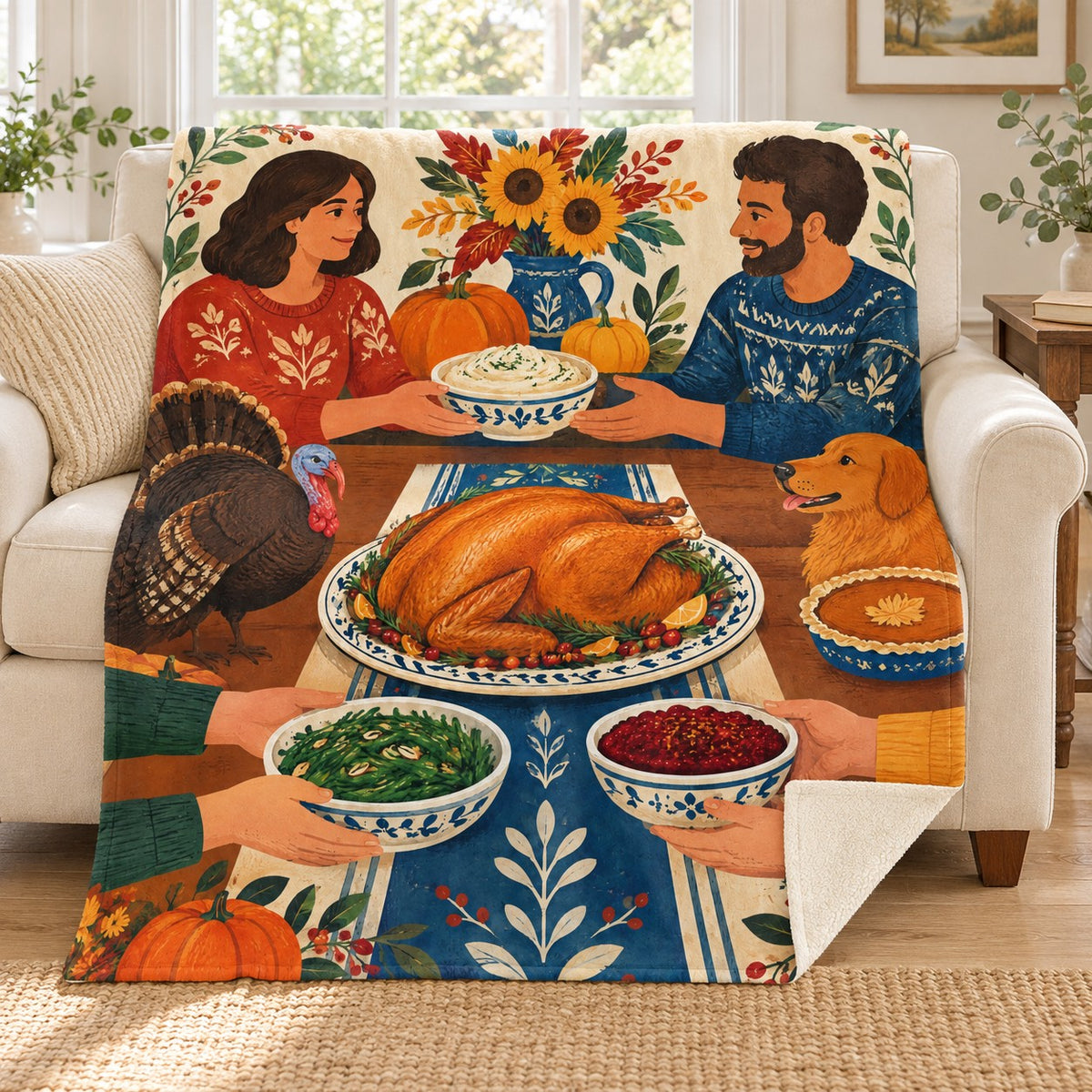Dishes Passed Around blanket, on a sofa