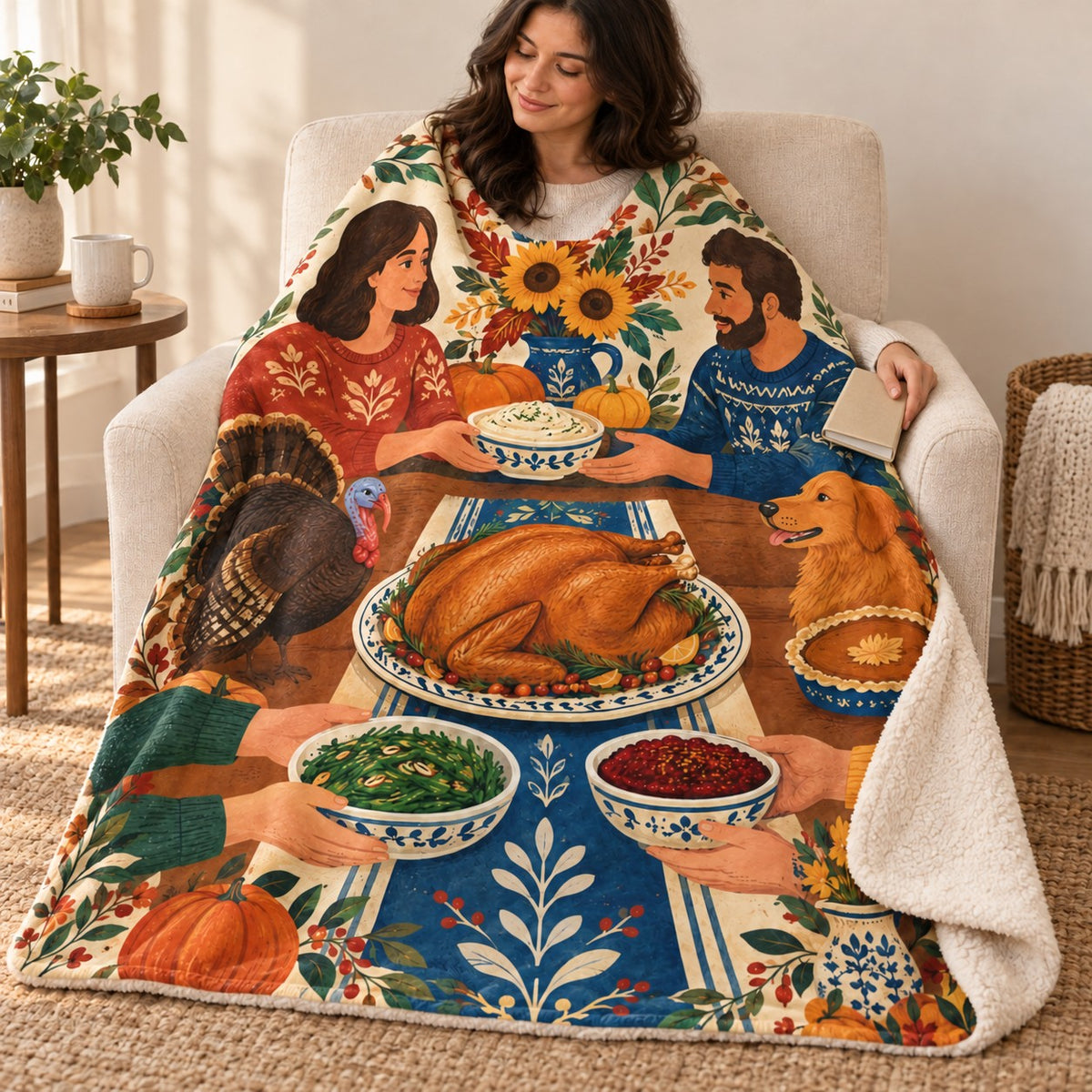 Dishes Passed Around blanket, wrapped around a reader