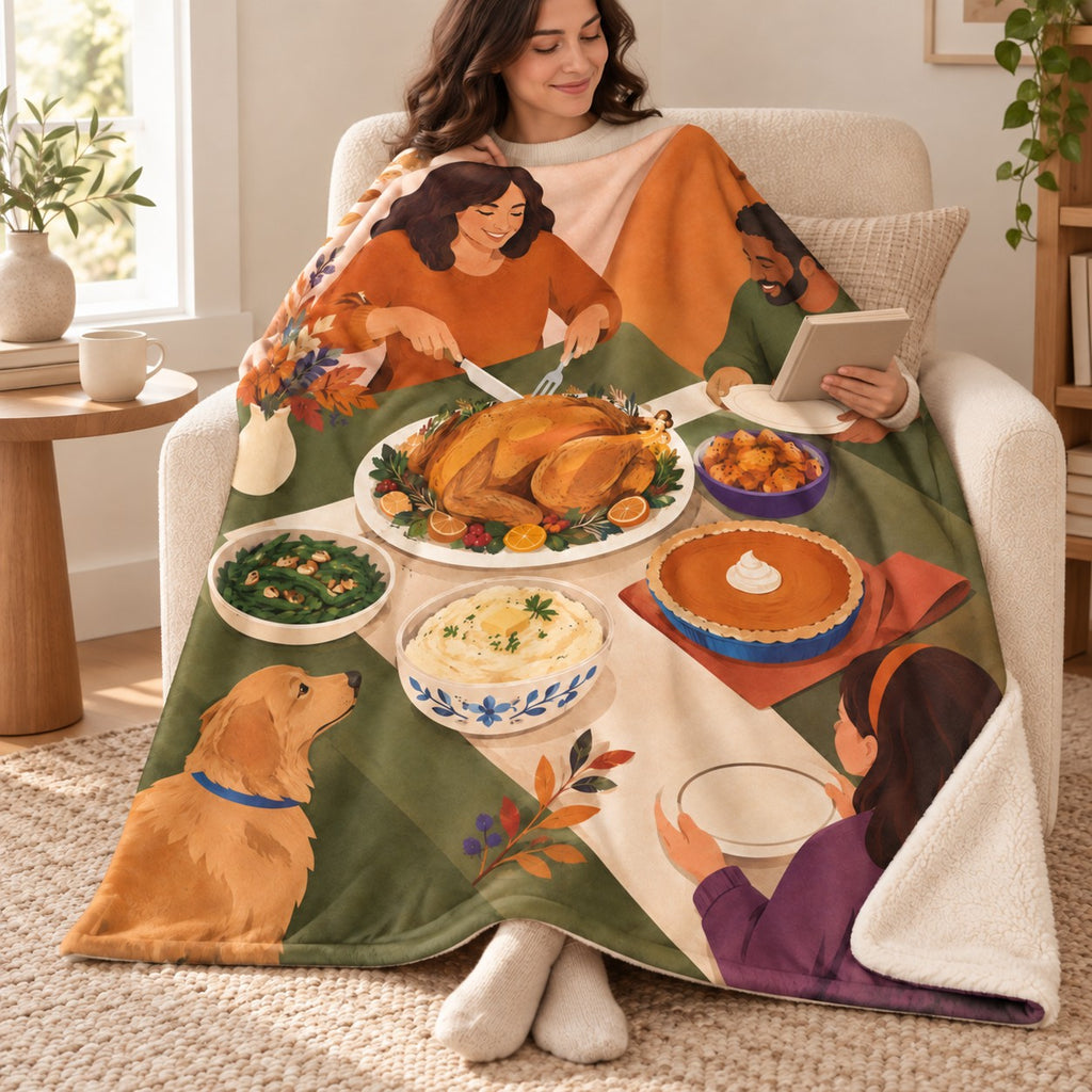 Diagonal Tabletop blanket, wrapped around a reader