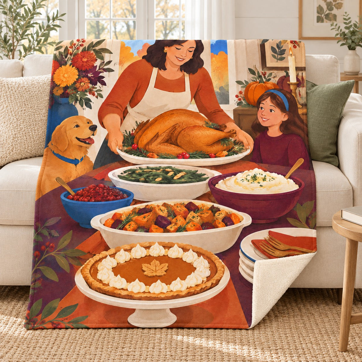 Stack of Serving Plates blanket, on a sofa