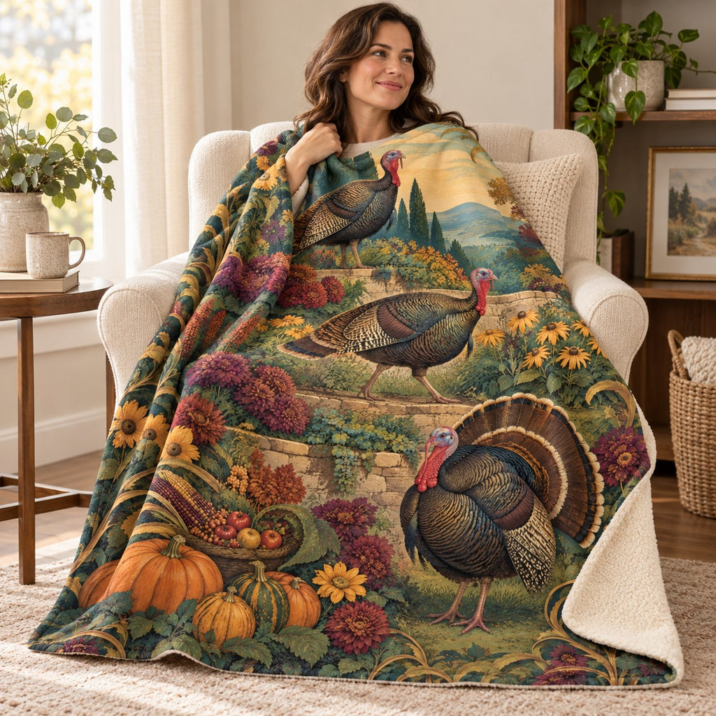 Terraced Garden Turkeys blanket, wrapped around a reader