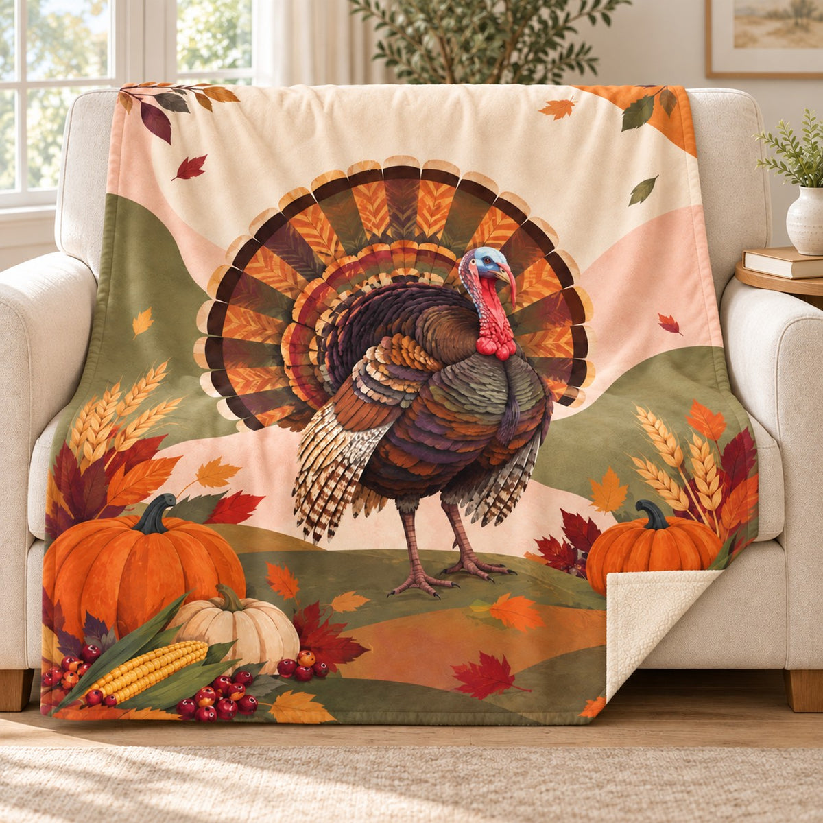 Patterned Harvest Fan blanket, on a sofa
