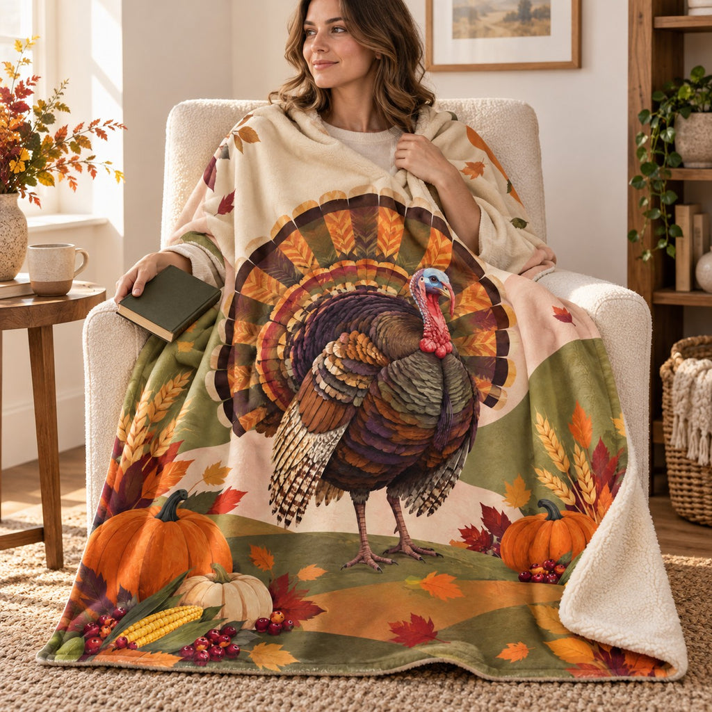 Patterned Harvest Fan blanket, wrapped around a reader