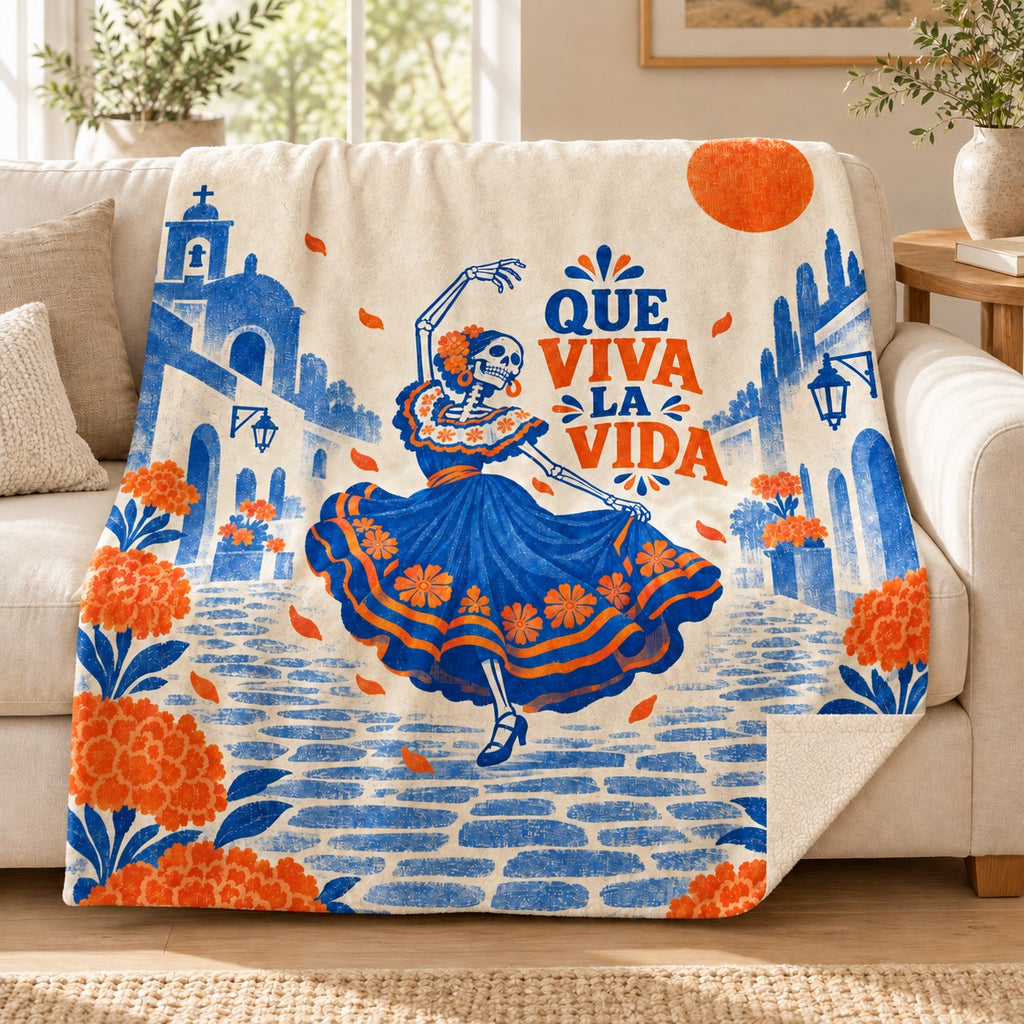 Que Viva la Vida blanket, on a sofa