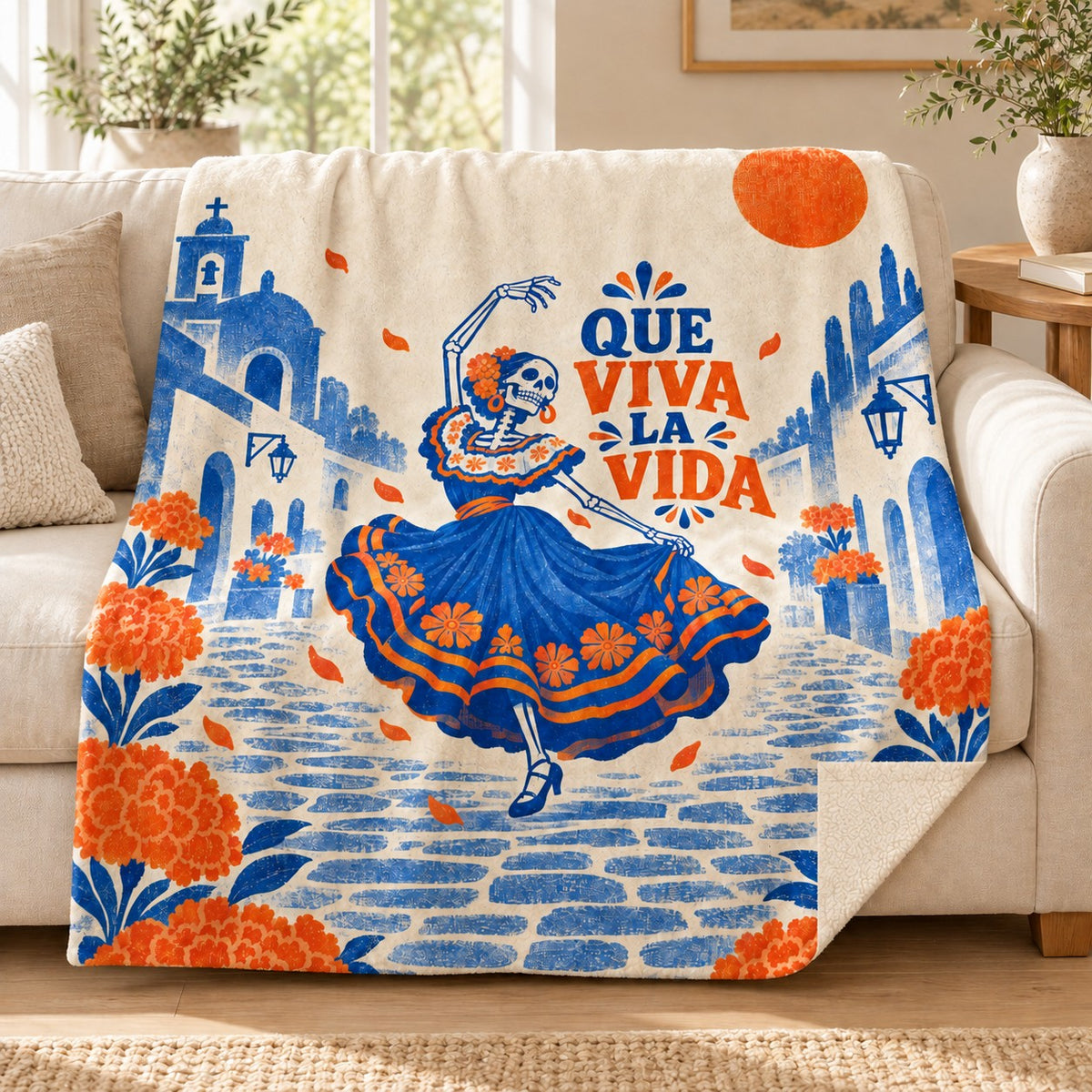 Que Viva la Vida blanket, on a sofa