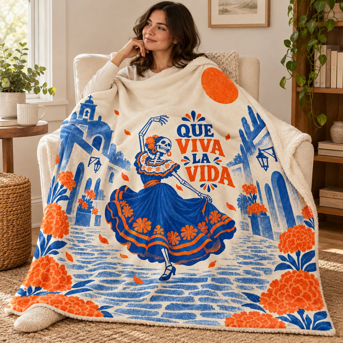 Que Viva la Vida blanket, wrapped around a reader