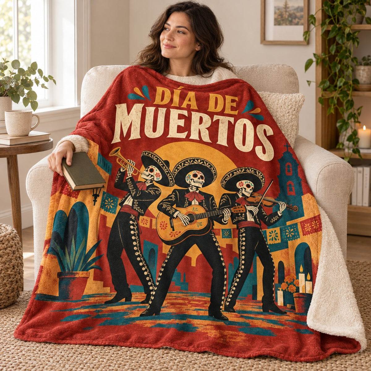 Mariachi Trio blanket, wrapped around a reader