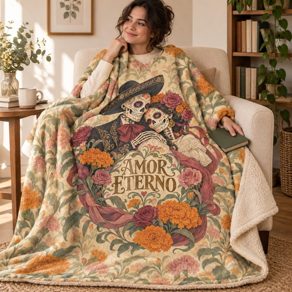 Amor Eterno blanket, wrapped around a reader