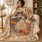 Amor Eterno blanket, wrapped around a reader