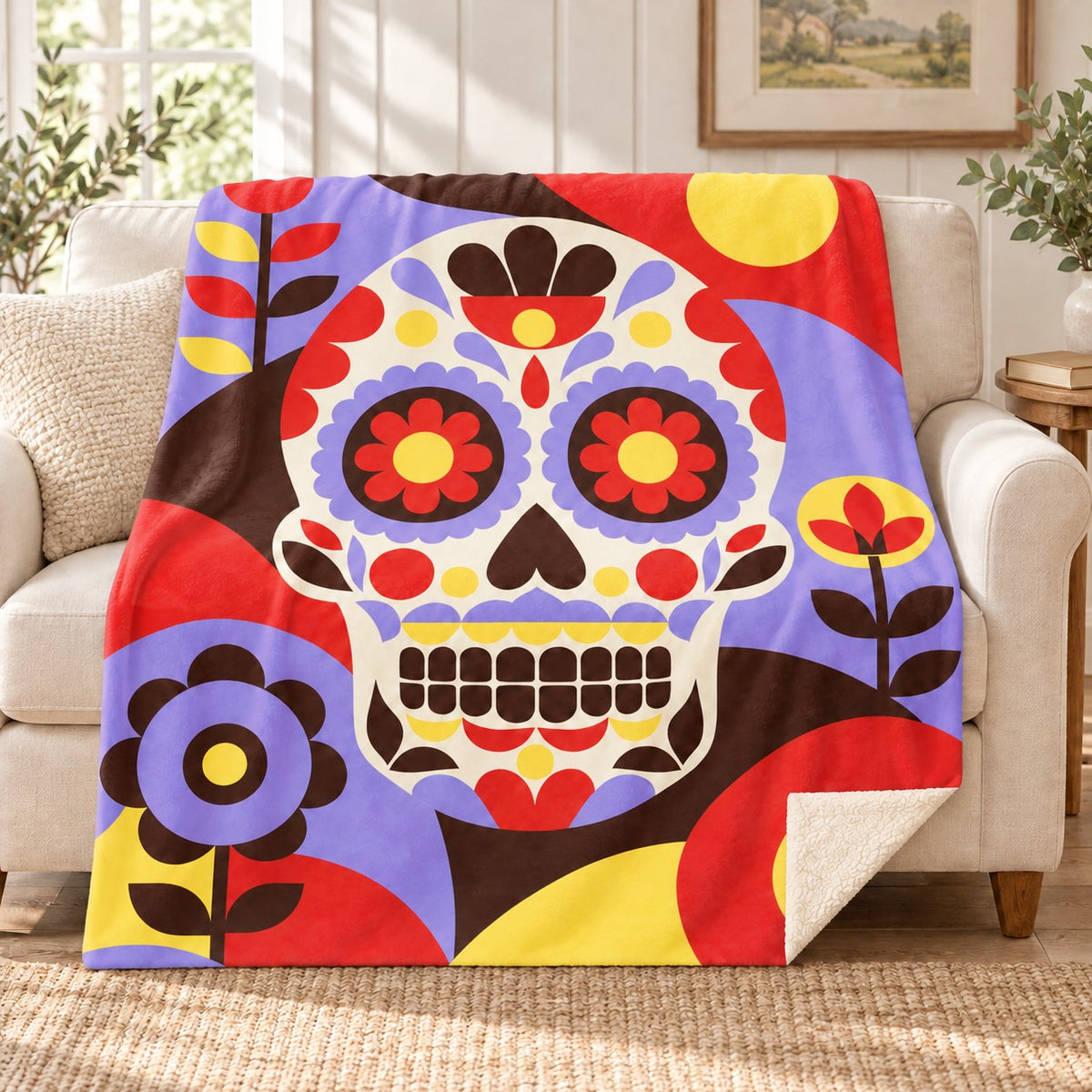 Geometric Calavera blanket, on a sofa
