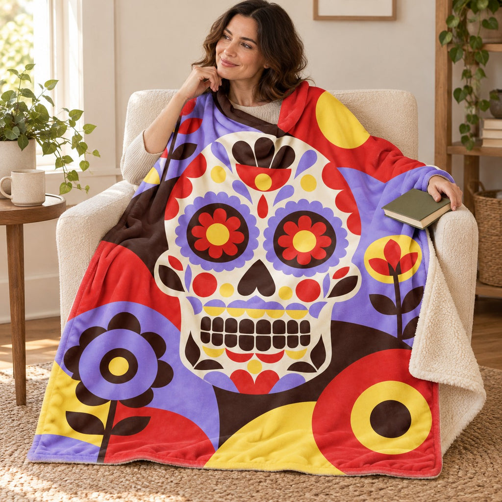 Geometric Calavera blanket, wrapped around a reader