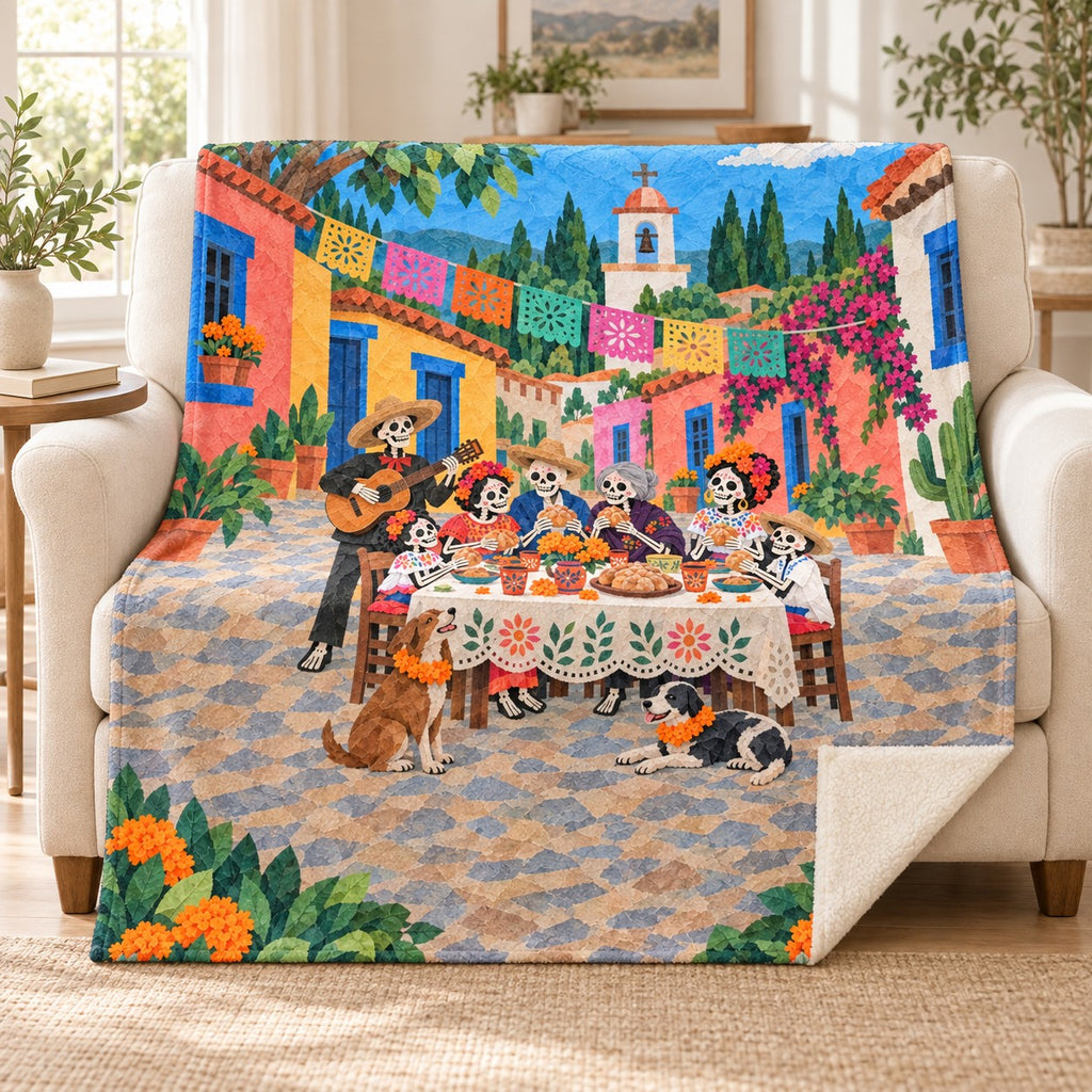 Neighborhood Feast blanket, on a sofa