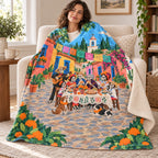 Neighborhood Feast blanket, wrapped around a reader