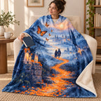 Path of the Monarchs blanket, wrapped around a reader
