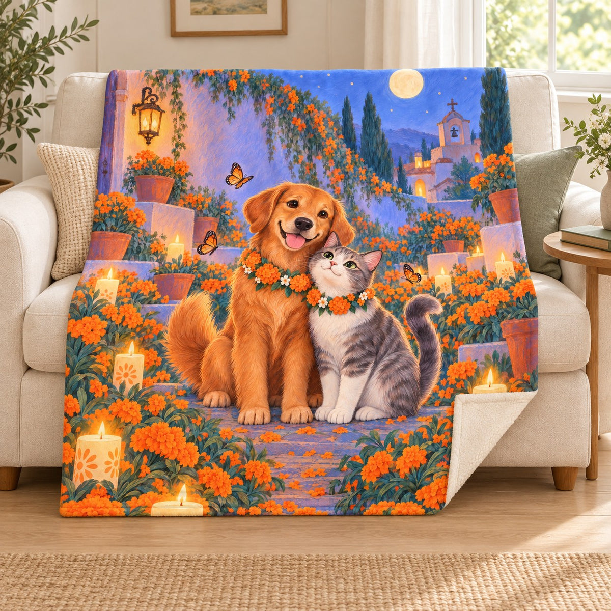 Pets Remembered blanket, on a sofa