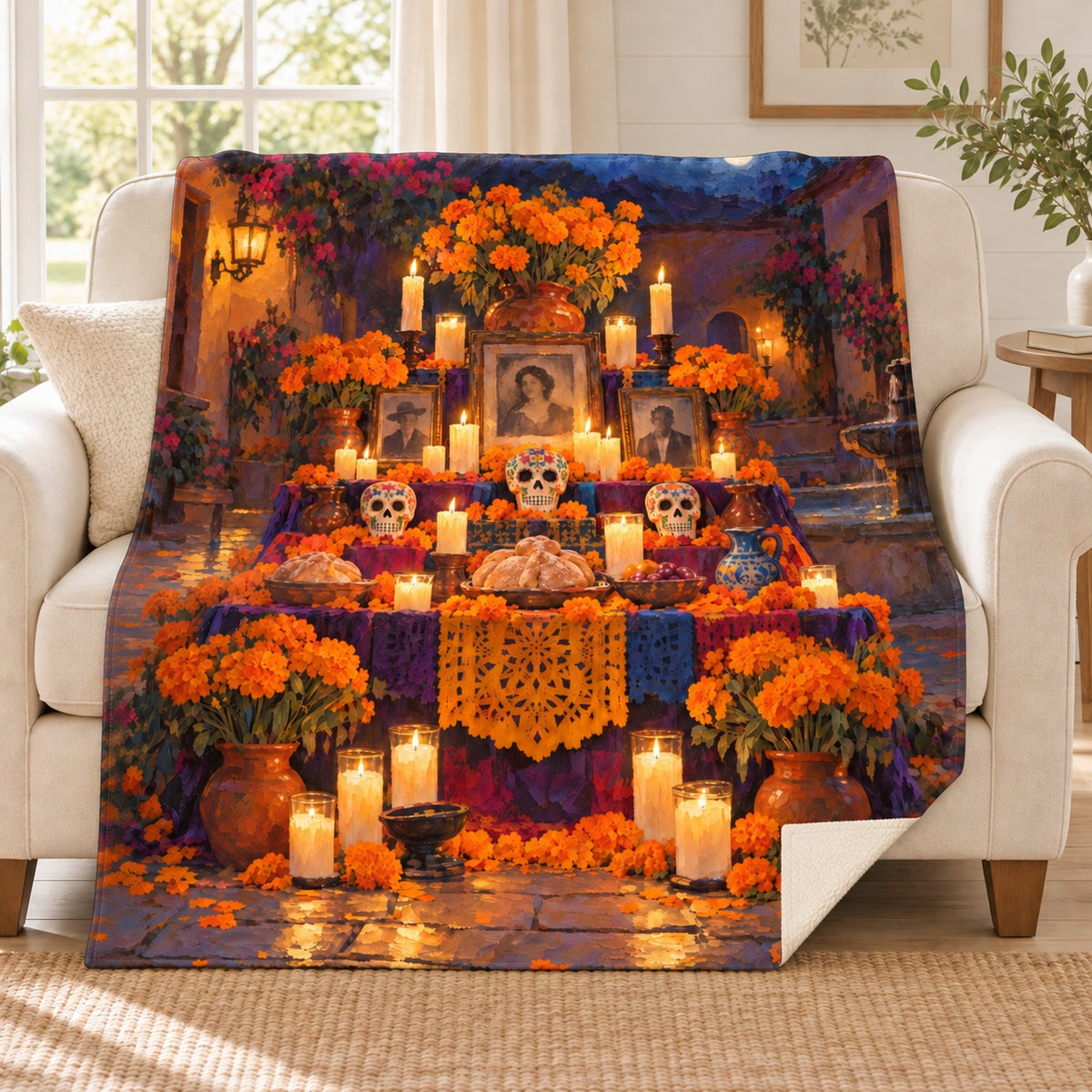 Candlelit Ofrenda blanket, on a sofa