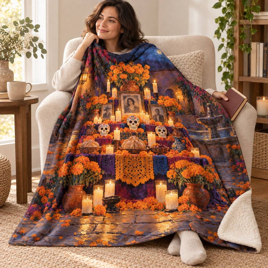 Candlelit Ofrenda blanket, wrapped around a reader