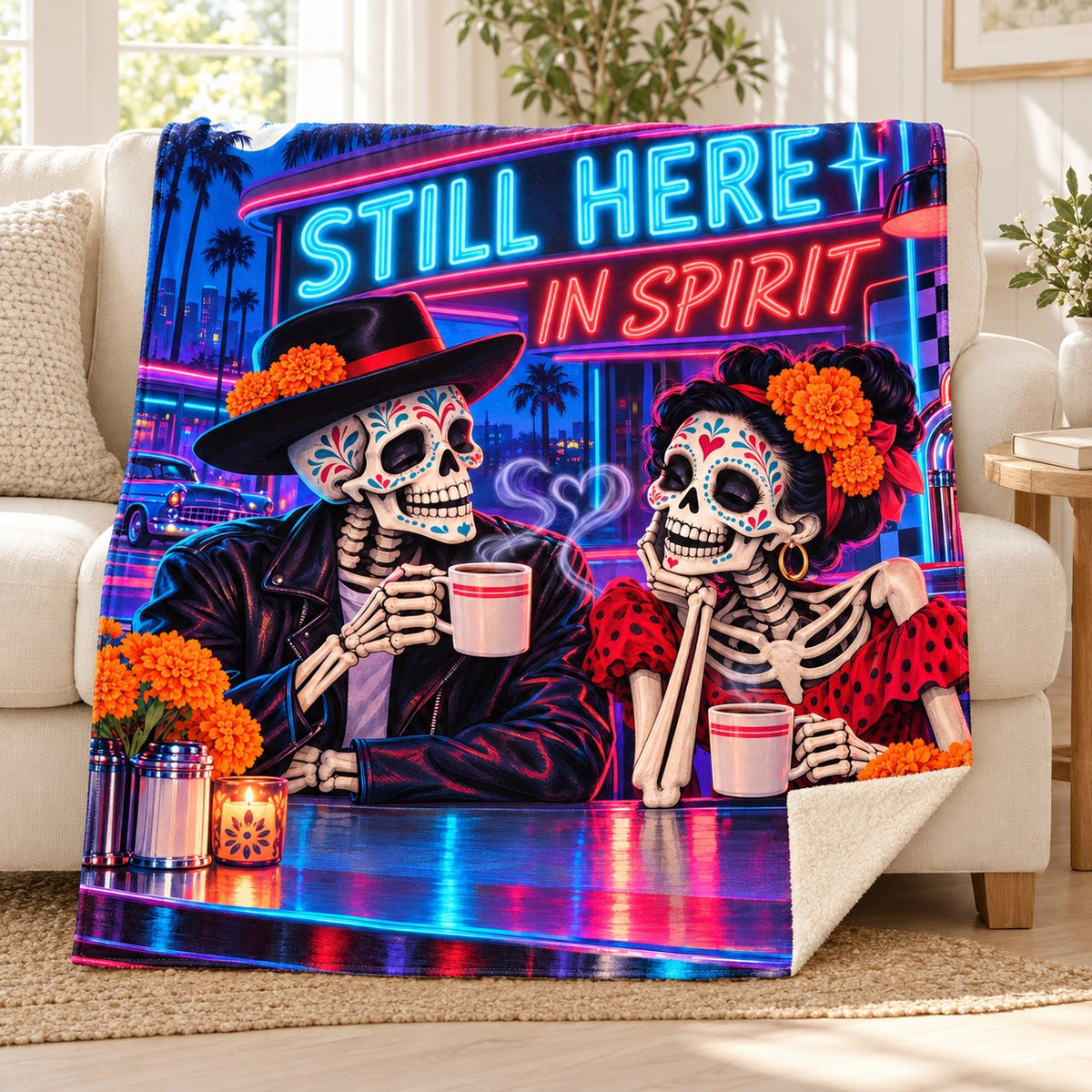 Still Here in Spirit blanket, on a sofa