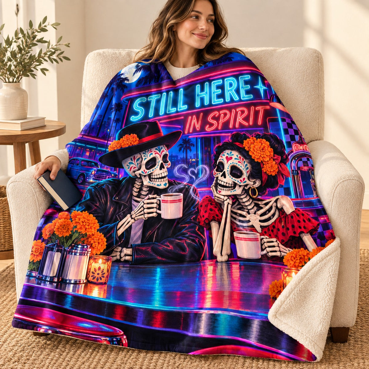 Still Here in Spirit blanket, wrapped around a reader