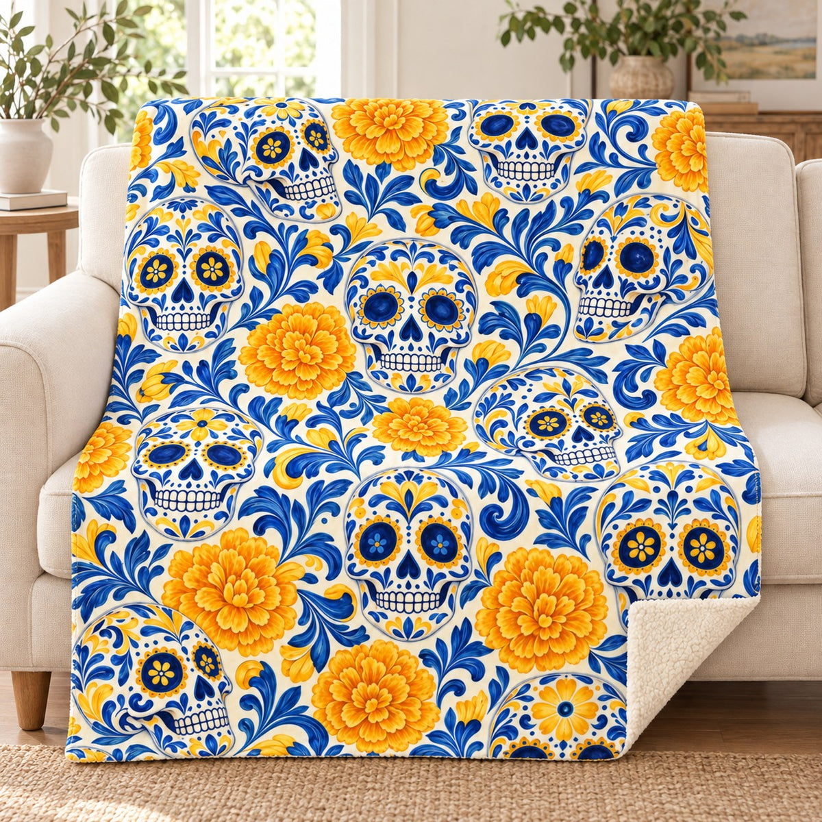 Talavera Calaveras blanket, on a sofa