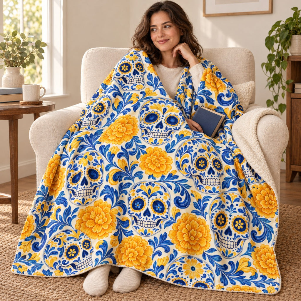Talavera Calaveras blanket, wrapped around a reader