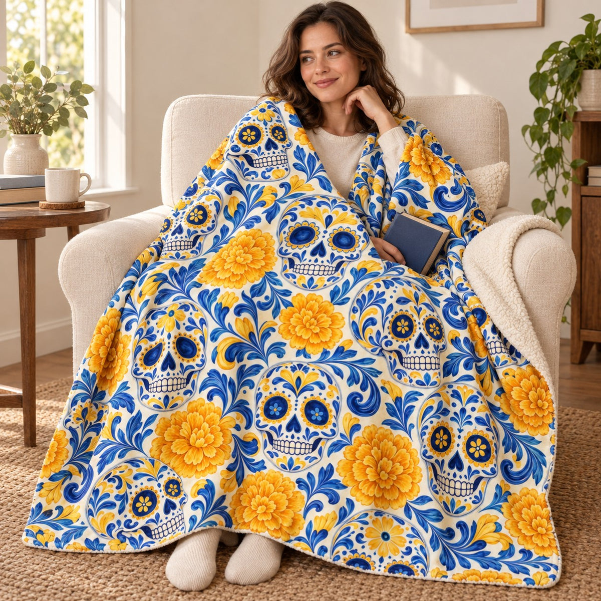 Talavera Calaveras blanket, wrapped around a reader