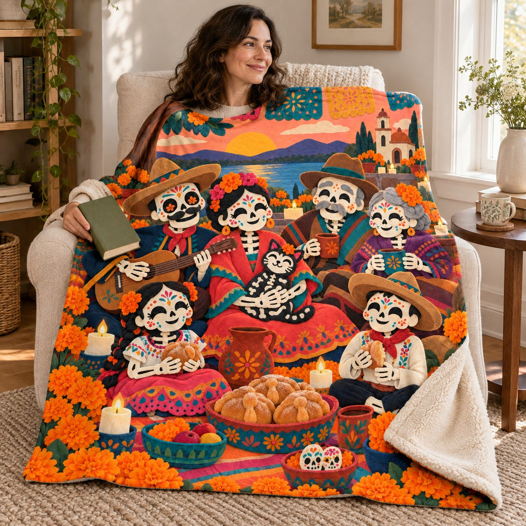 Family Gathering blanket, wrapped around a reader