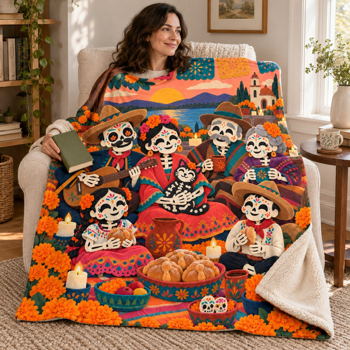 Family Gathering blanket, wrapped around a reader