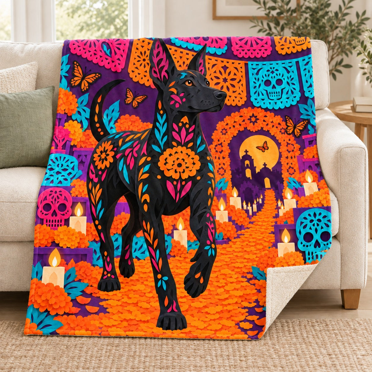 Paper Flower Xolo blanket, on a sofa