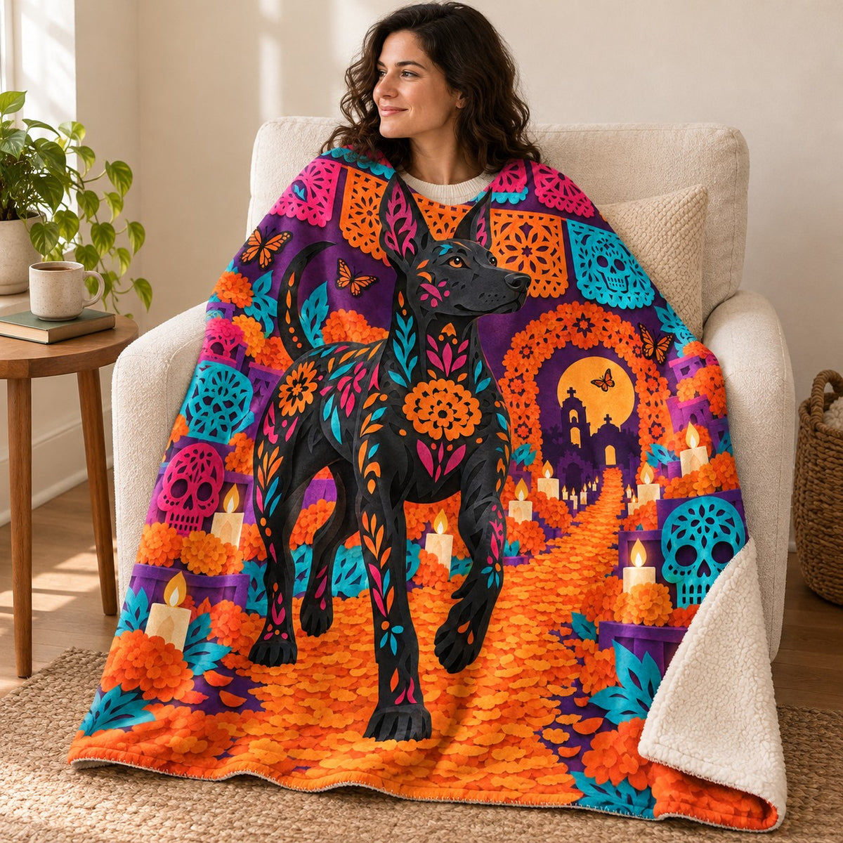 Paper Flower Xolo blanket, wrapped around a reader
