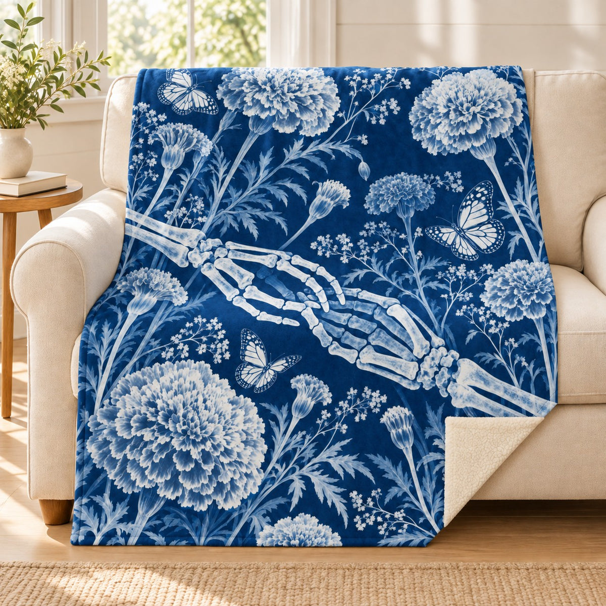 Blueprint Marigolds blanket, on a sofa