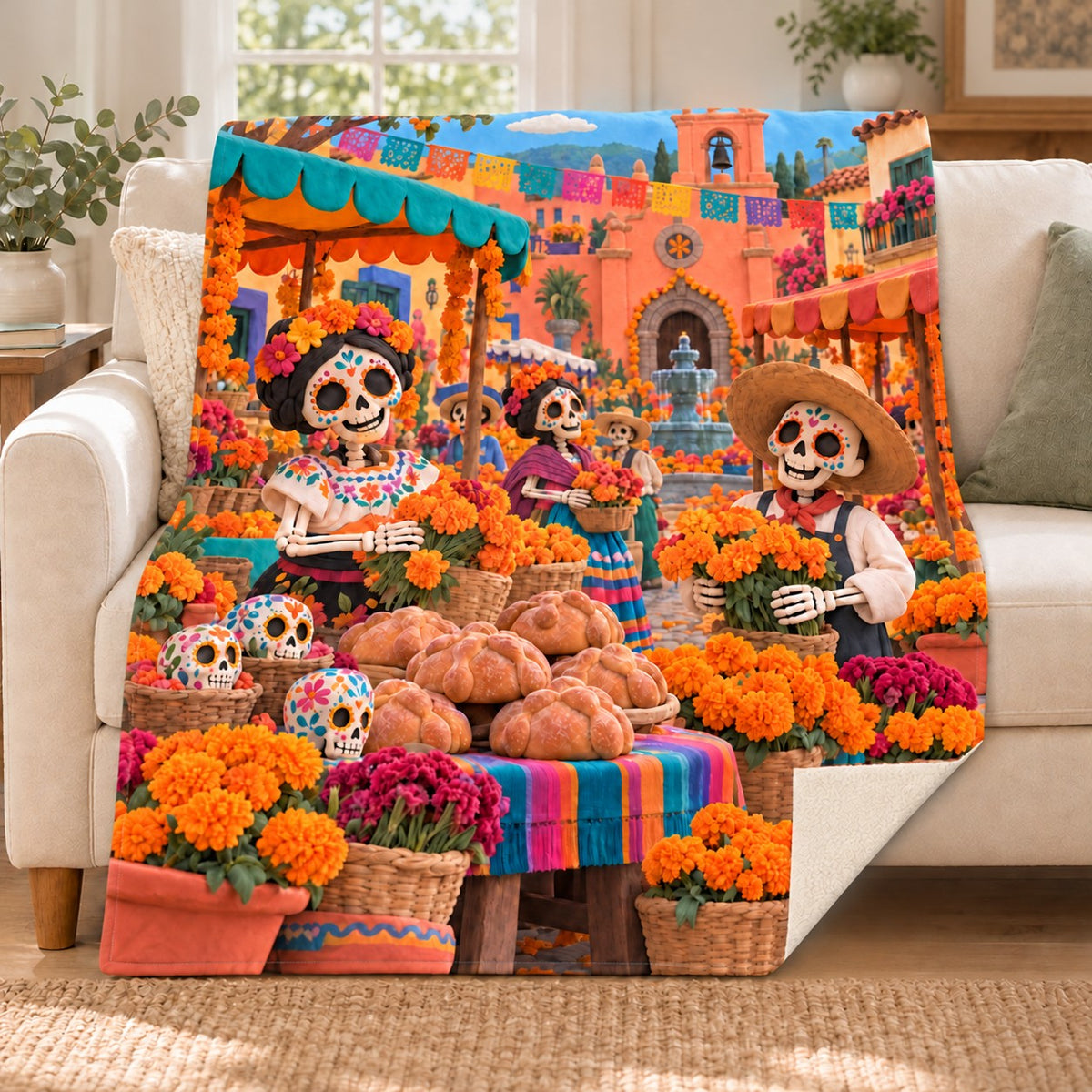 Market Day blanket, on a sofa