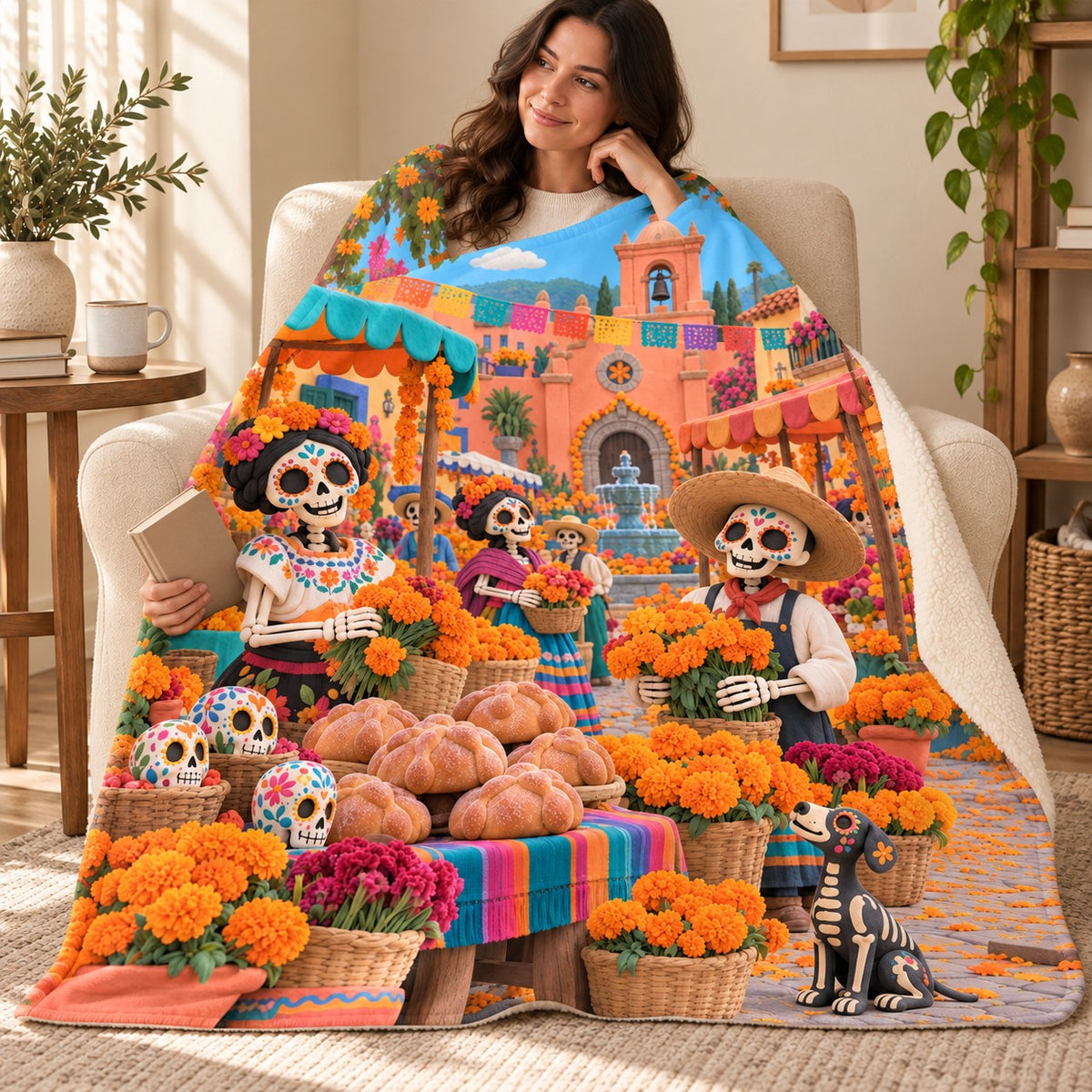 Market Day blanket, wrapped around a reader