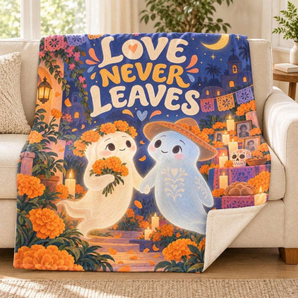 Love Never Leaves blanket, on a sofa