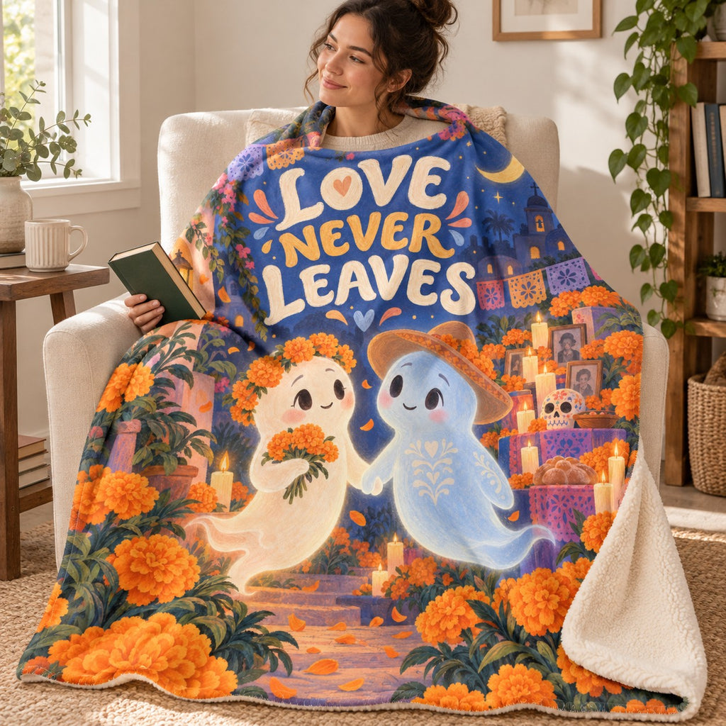 Love Never Leaves blanket, wrapped around a reader