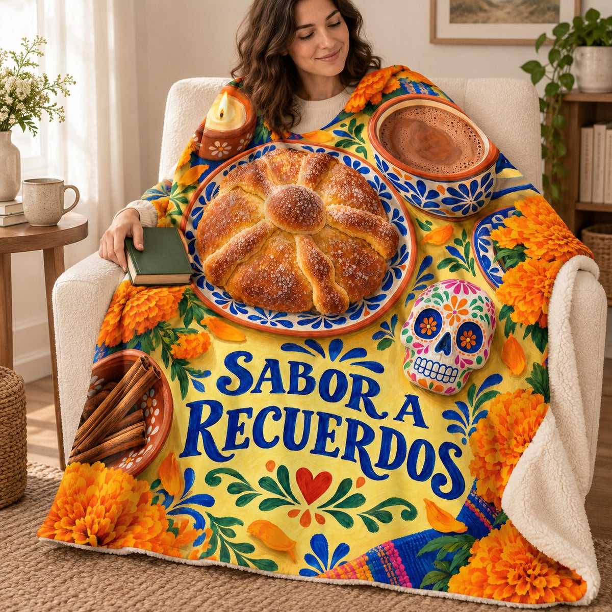 Sabor a Recuerdos blanket, wrapped around a reader