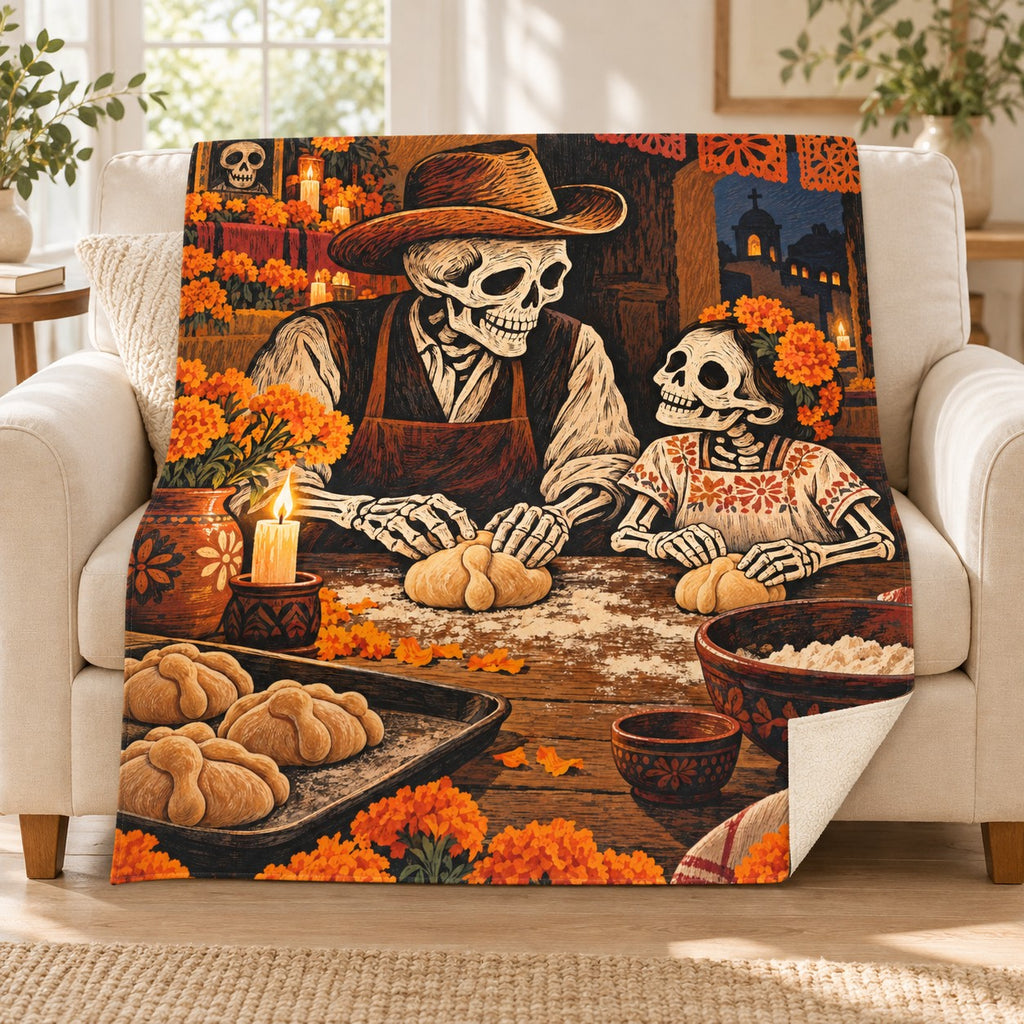 Baking Pan de Muerto blanket, on a sofa