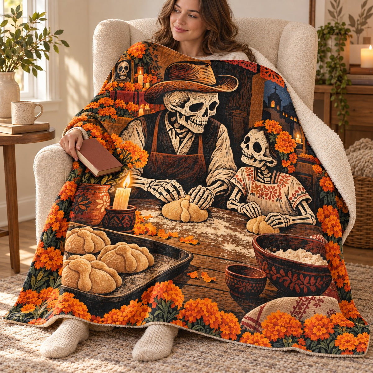Baking Pan de Muerto blanket, wrapped around a reader