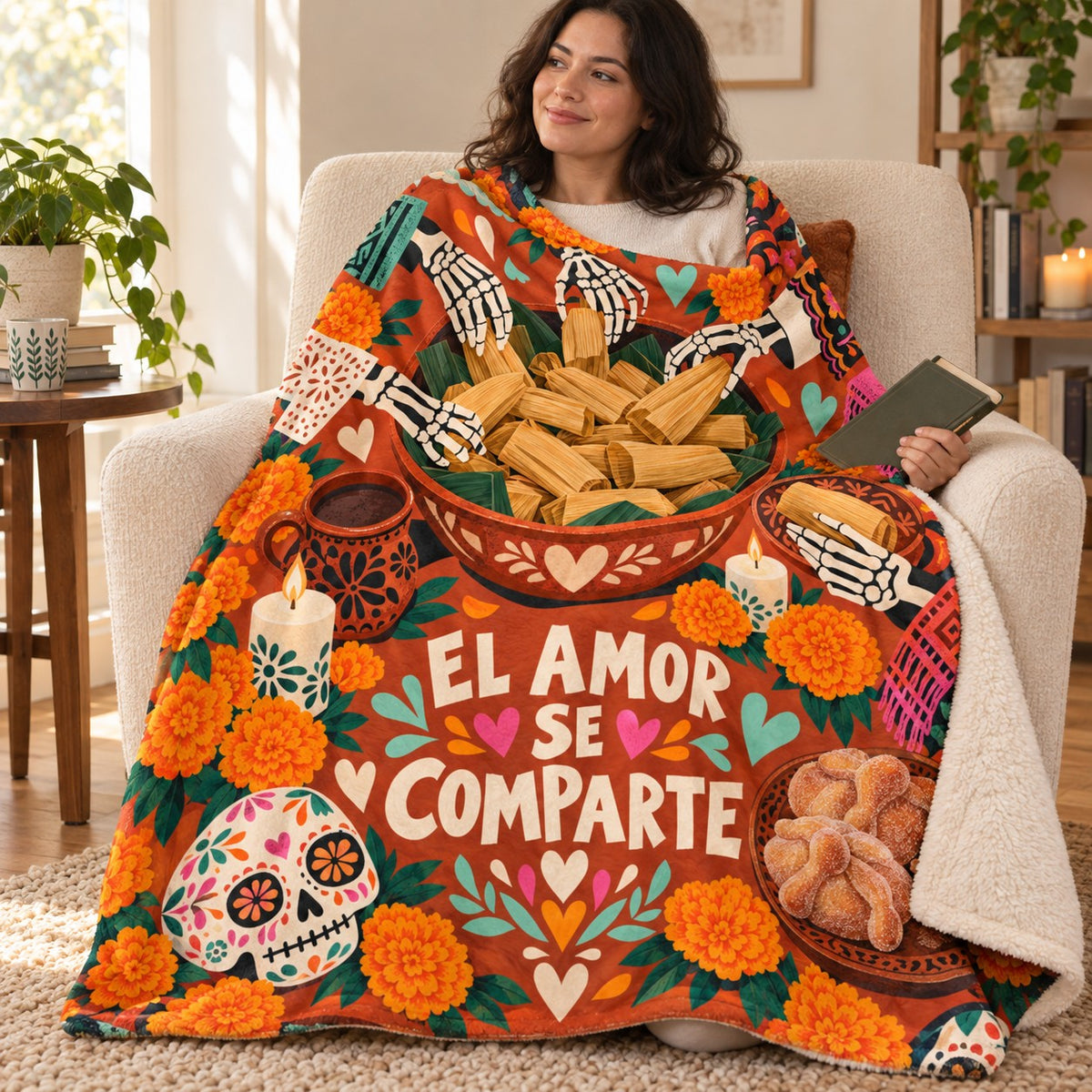 El Amor Se Comparte blanket, wrapped around a reader