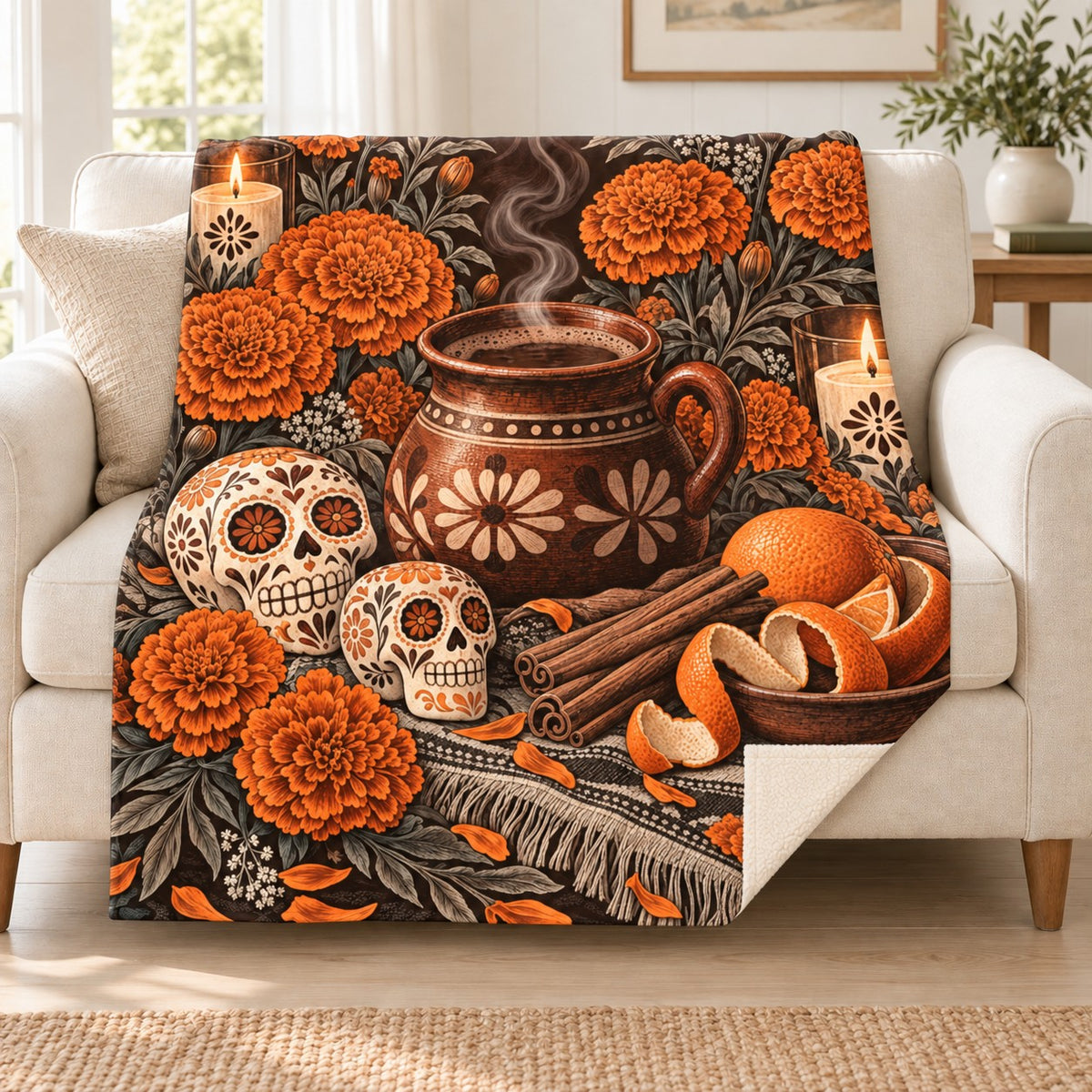 Café de Olla blanket, on a sofa
