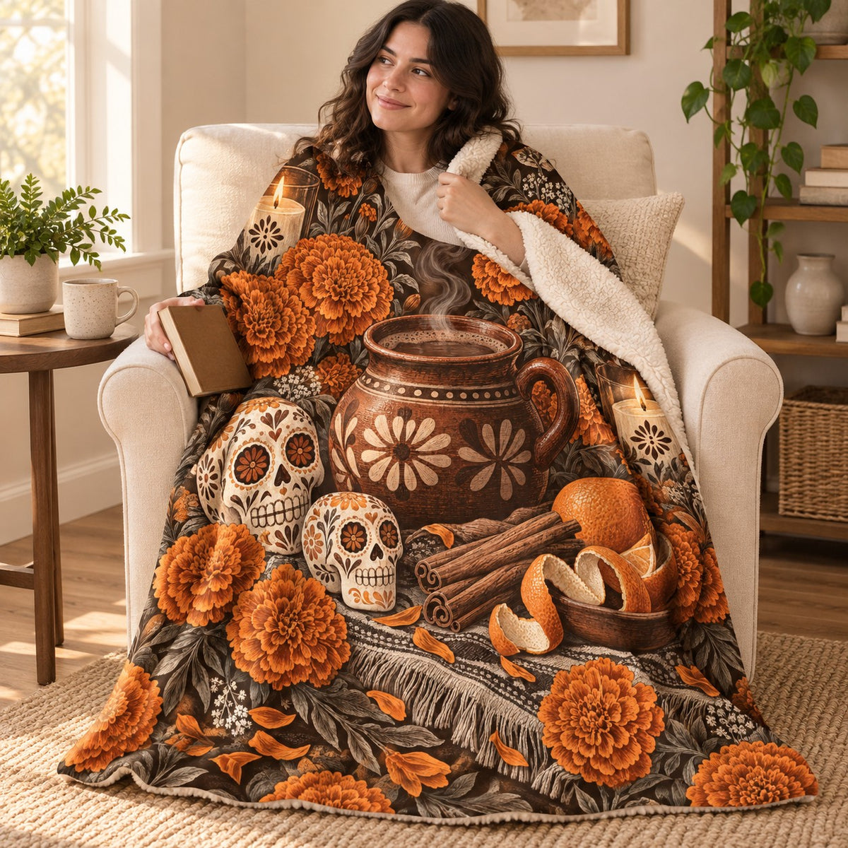 Café de Olla blanket, wrapped around a reader
