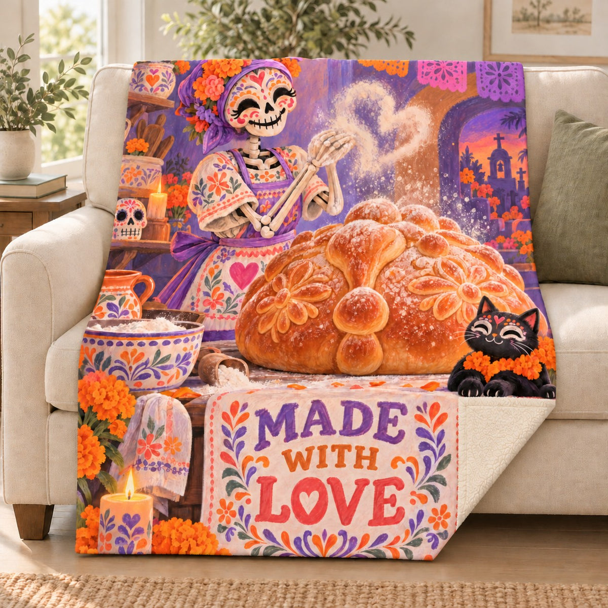 Made with Love blanket, on a sofa