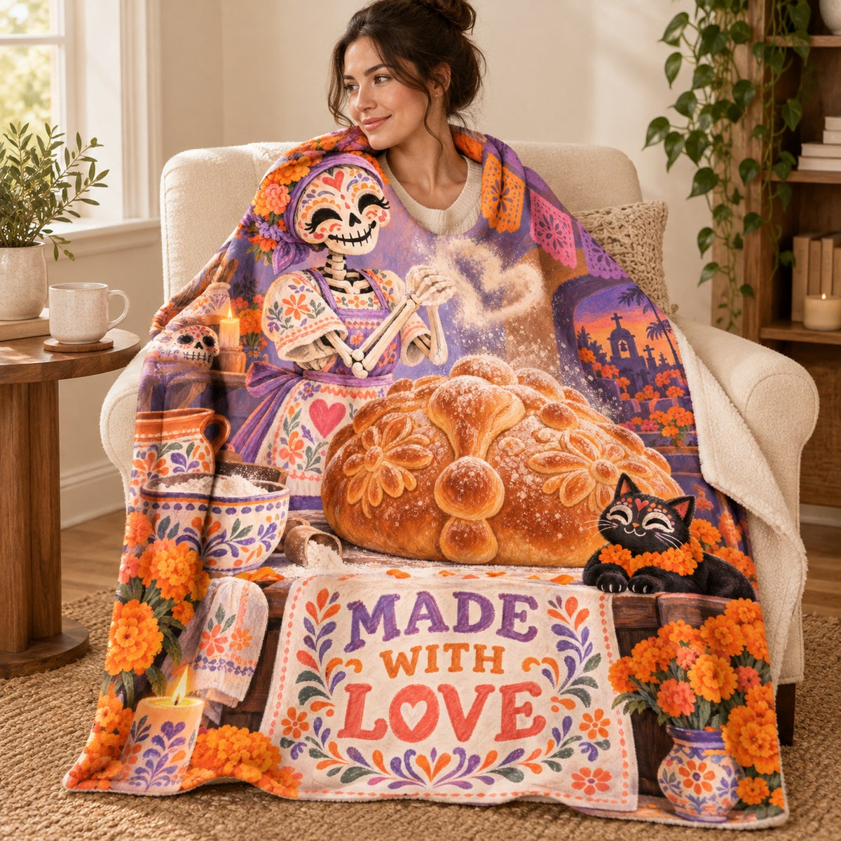 Made with Love blanket, wrapped around a reader