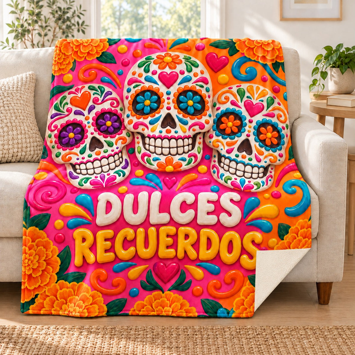Dulces Recuerdos blanket, on a sofa