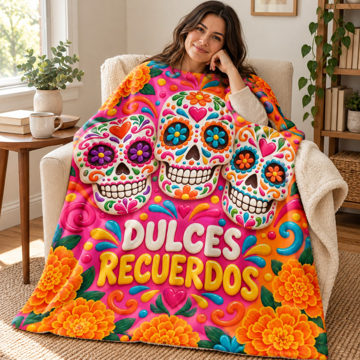 Dulces Recuerdos blanket, wrapped around a reader
