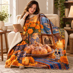 Pan de Muerto by the Window blanket, wrapped around a reader