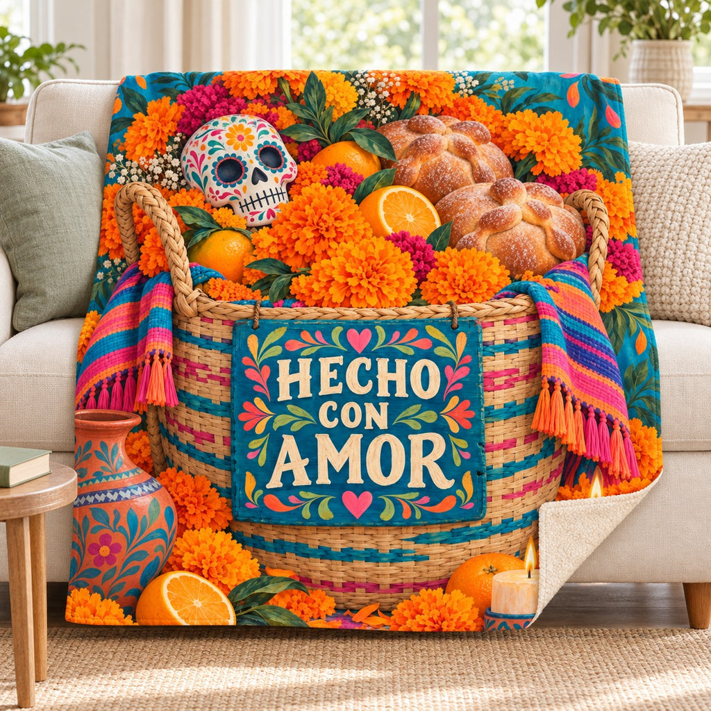 Hecho con Amor blanket, on a sofa