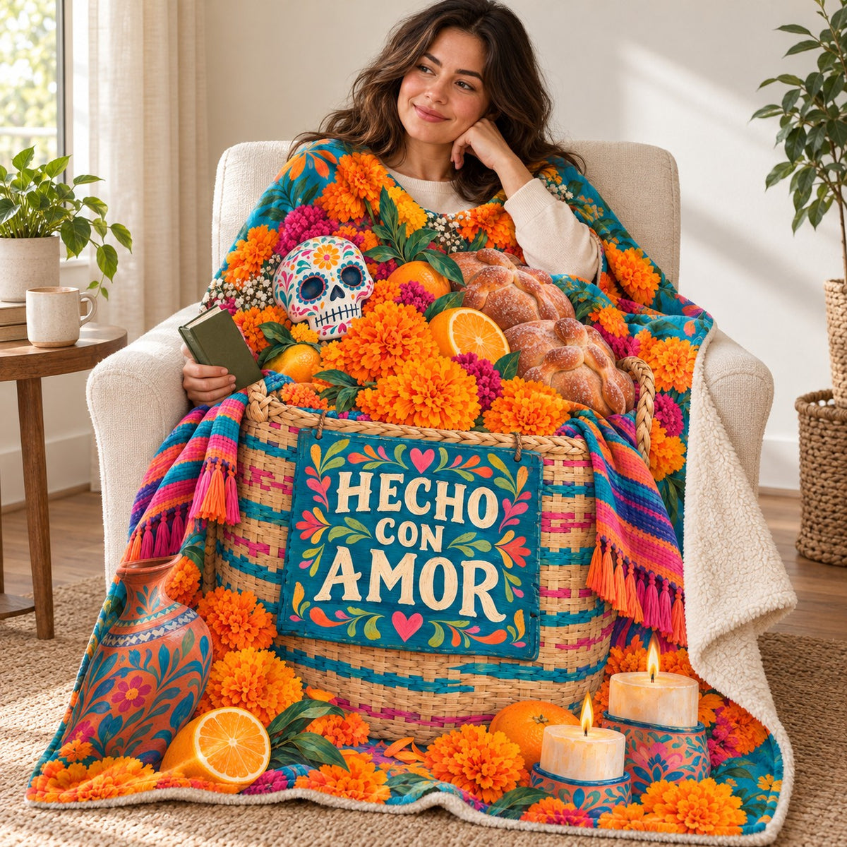 Hecho con Amor blanket, wrapped around a reader