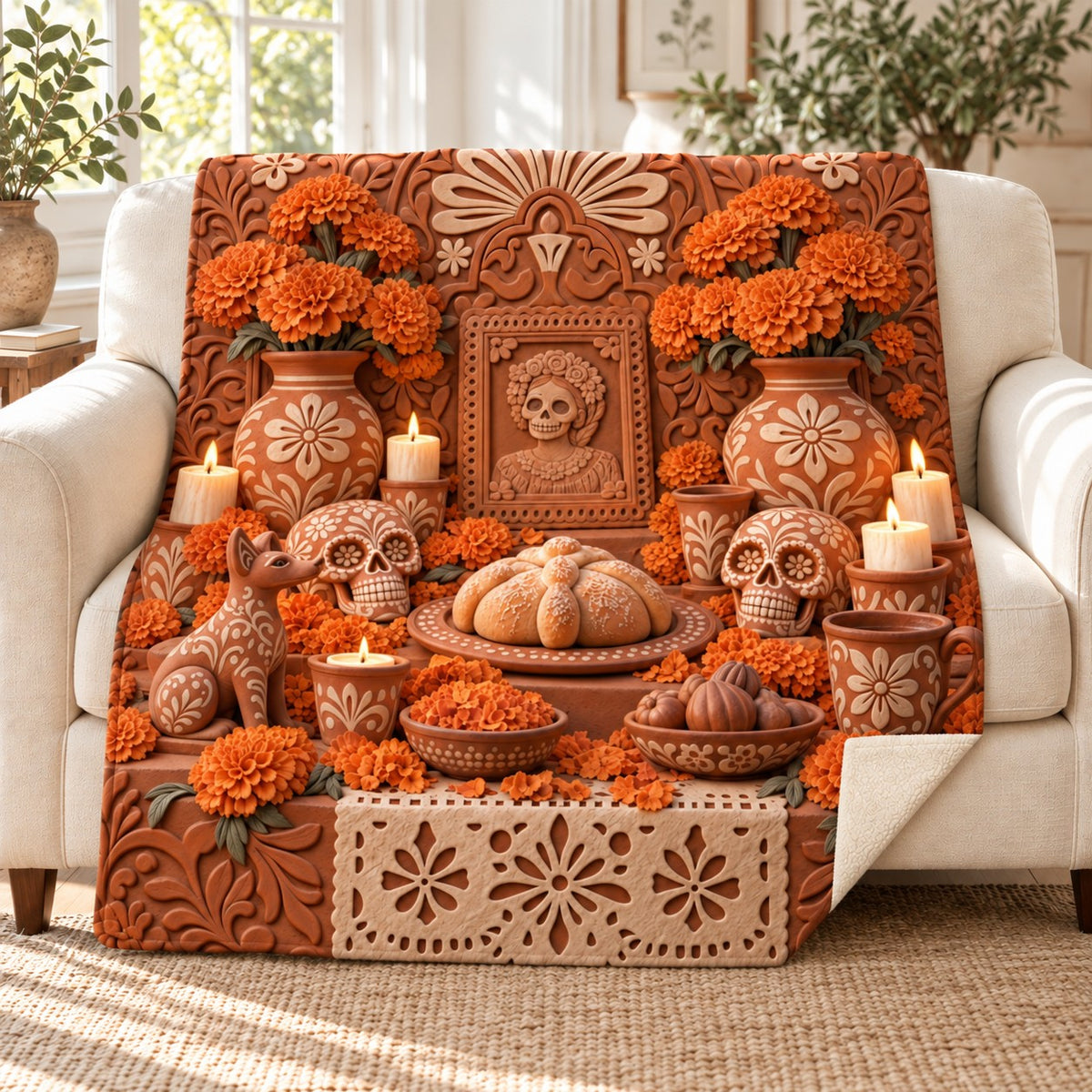 Clay Ofrenda blanket, on a sofa