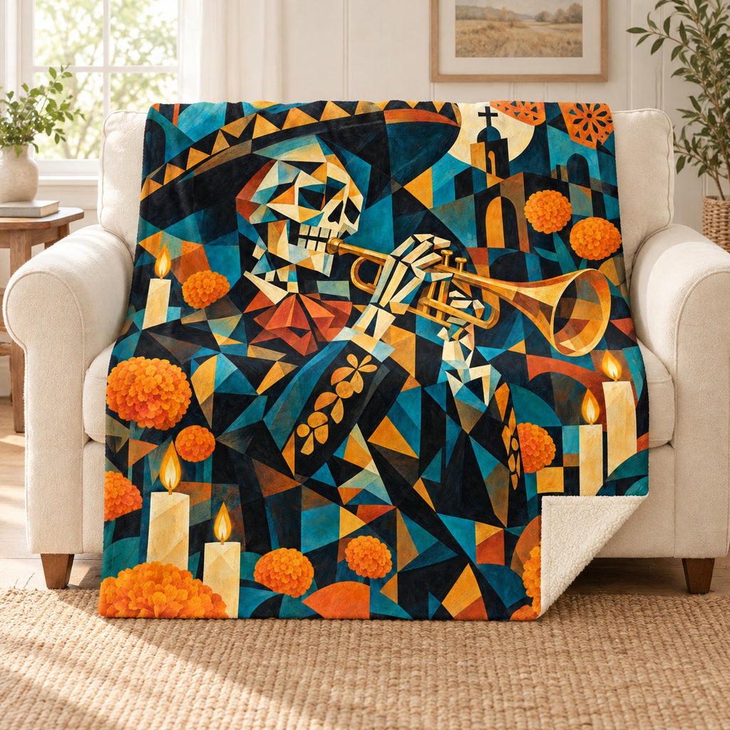 Cubist Trumpet blanket, on a sofa